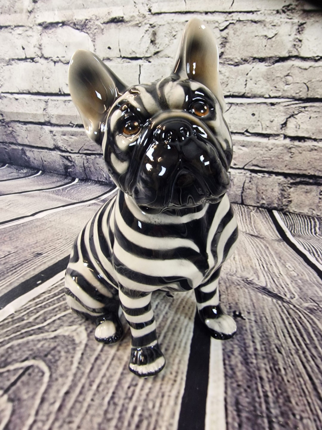 Zebra French Bulldog Artistic Ceramic Figure Sitting Approx