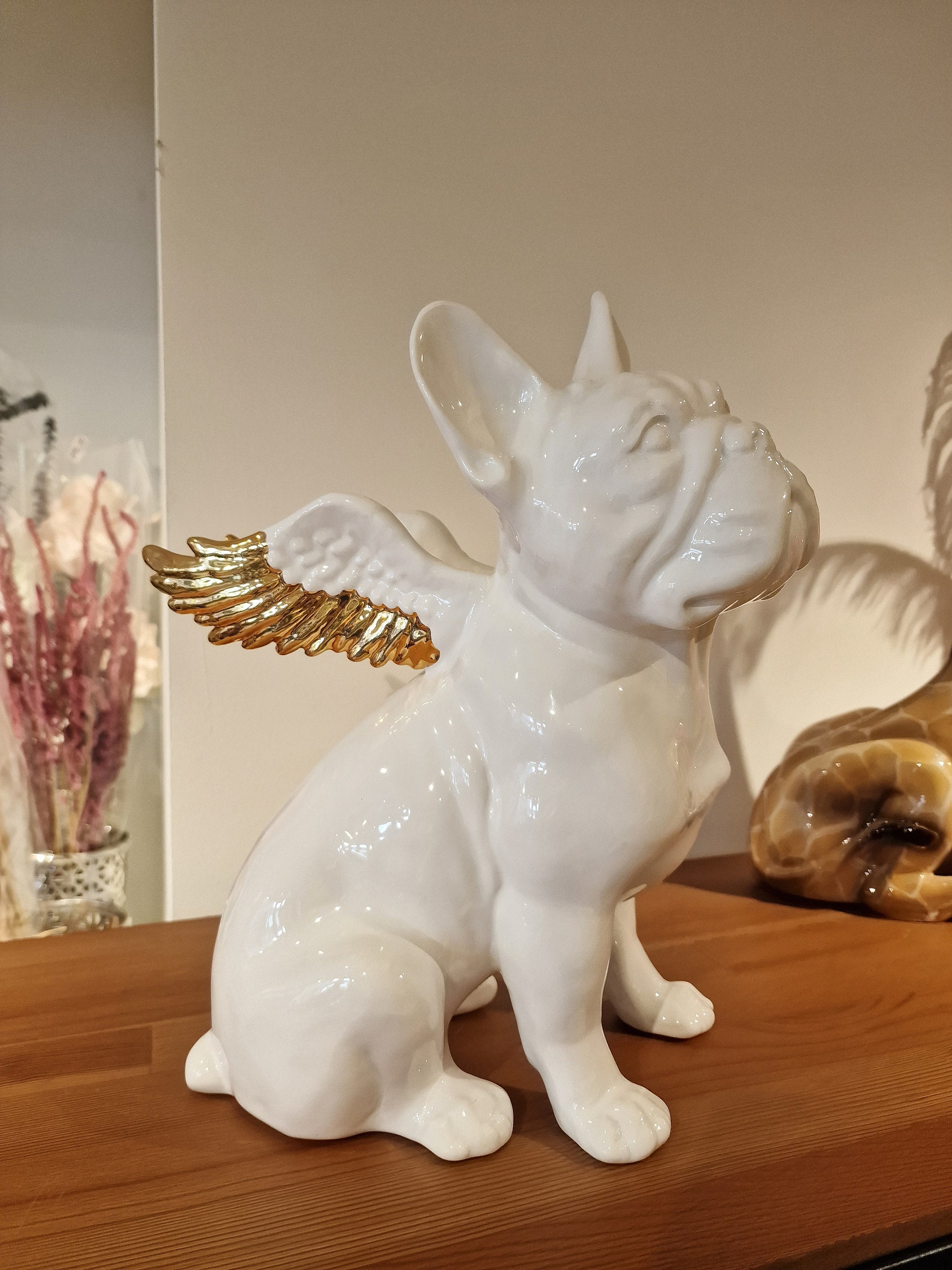 エンジェルフレンチブルドッグ芸術的な陶器の置物 座像 34 cm ホワイト