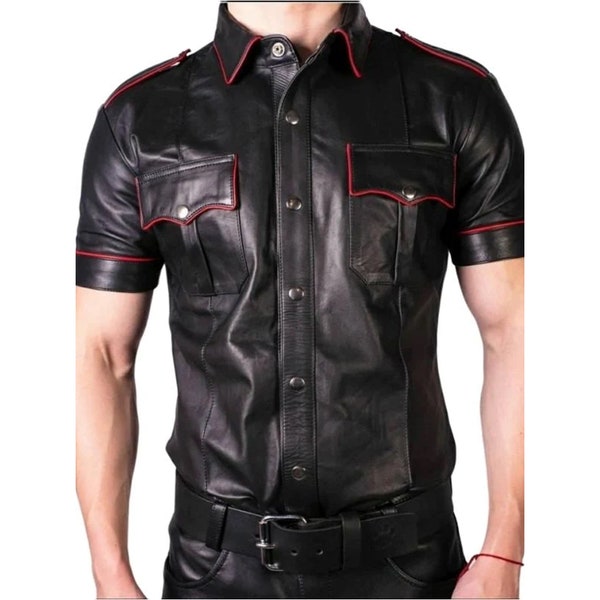 T-shirt en cuir véritable pour hommes | Chemise Noire Authentique Police Style Militaire | T-shirt en cuir artisanal coupe slim pour hommes