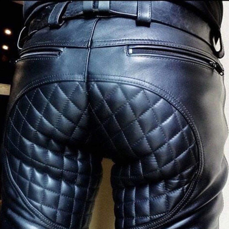 Quilted Style Gay Leather Pants Men's Real High Quality Cowhide Leather