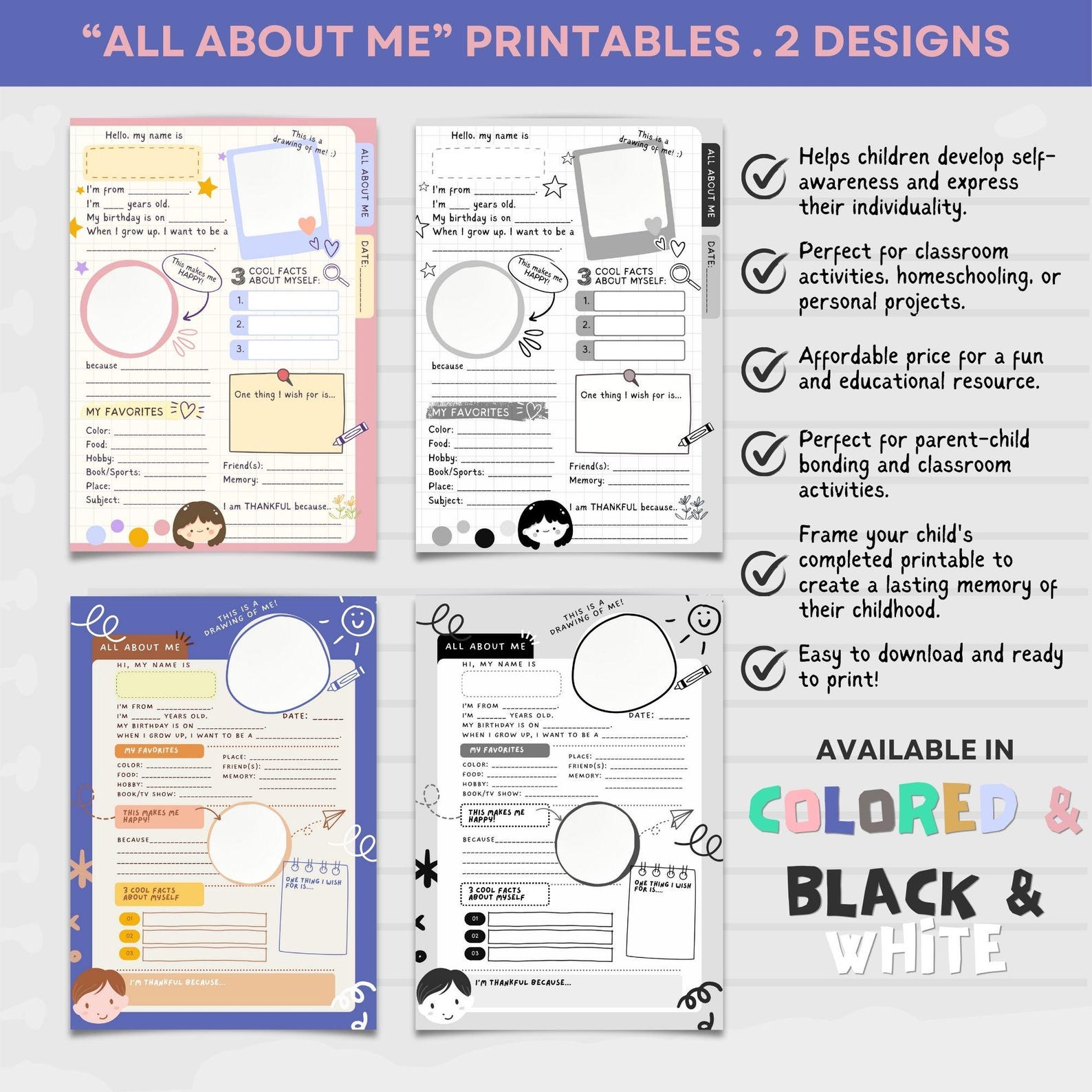 All About Me Printable Activity Sheet for Kids (PDF) - Etsy
