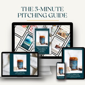 Könnte beinhalten: Ein digitaler Marketing-Leitfaden mit dem Titel "The 5-Minute Pitching Guide", der auf einem Laptop, Desktop-Computer, Tablet und Smartphone angezeigt wird. Der Leitfaden zeigt ein Glas mit gesalzenem Karamell-Aufstrich.