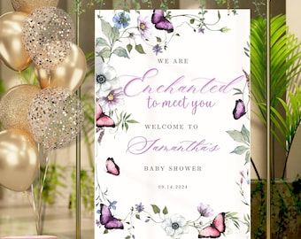 Betoverd om je te ontmoeten baby shower welkomstbord, betoverde tuin bloemen, vlinder babyshower, digitale download