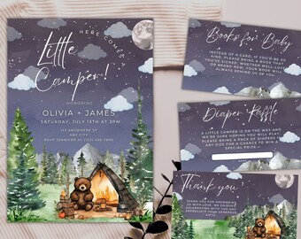 Camper Baby Shower Invite, Camping Themed Baby Shower, Printable baby shower invites, Forrest mountain bear themed invites, Little Camper