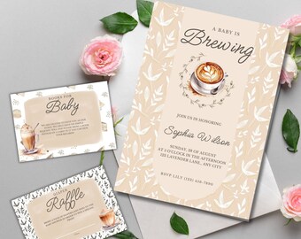 Een baby brouwt een babyshoweruitnodiging, een babyshowerbrouwen, een koffiebabyshoweruitnodiging, een instantsjabloon, een minimale uitnodiging, genderneutraal