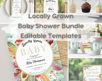 Lokaal geteelde baby shower uitnodiging, lokaal geteelde douchebundel, gegroeid met liefde, bewerkbare sjabloon, digitale downloaduitnodiging