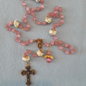Lampworked MultiColored Glass and Pink Cat Eye Rosary