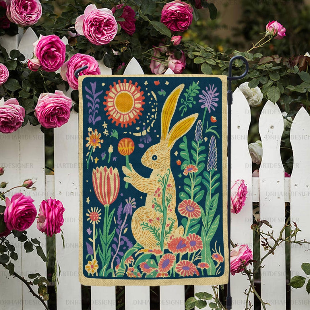 Bunny Rabbit Folk Art Flag, Easter Bunny Spring Flowers Flag, Folk ...