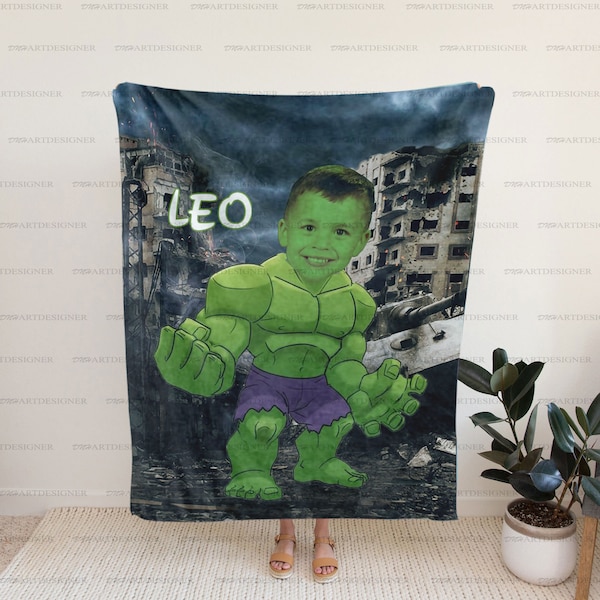 Custom Kids Superhero Blanket, Personalized Kids Blanket, Custom Face Blanket For Boys, Custom Hulk Blanket, Custom Hero Photo Kid Bedding