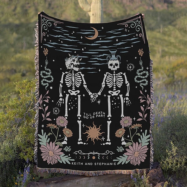 Gothic Skeleton Custom Astrology Wedding Woven, Zodiac Signs Couple Blanket, Whimsigoth Zodiac Wedding, Goth Wedding Throw, Anniversary Gift
