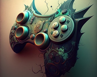 May include: A detailed video game controller with a steampunk design. The controller is a mix of bronze, teal, and silver. It has a distinctive, spiky shape with several buttons and analog sticks, hinting at a fantasy or sci-fi theme. The design is highly detailed.