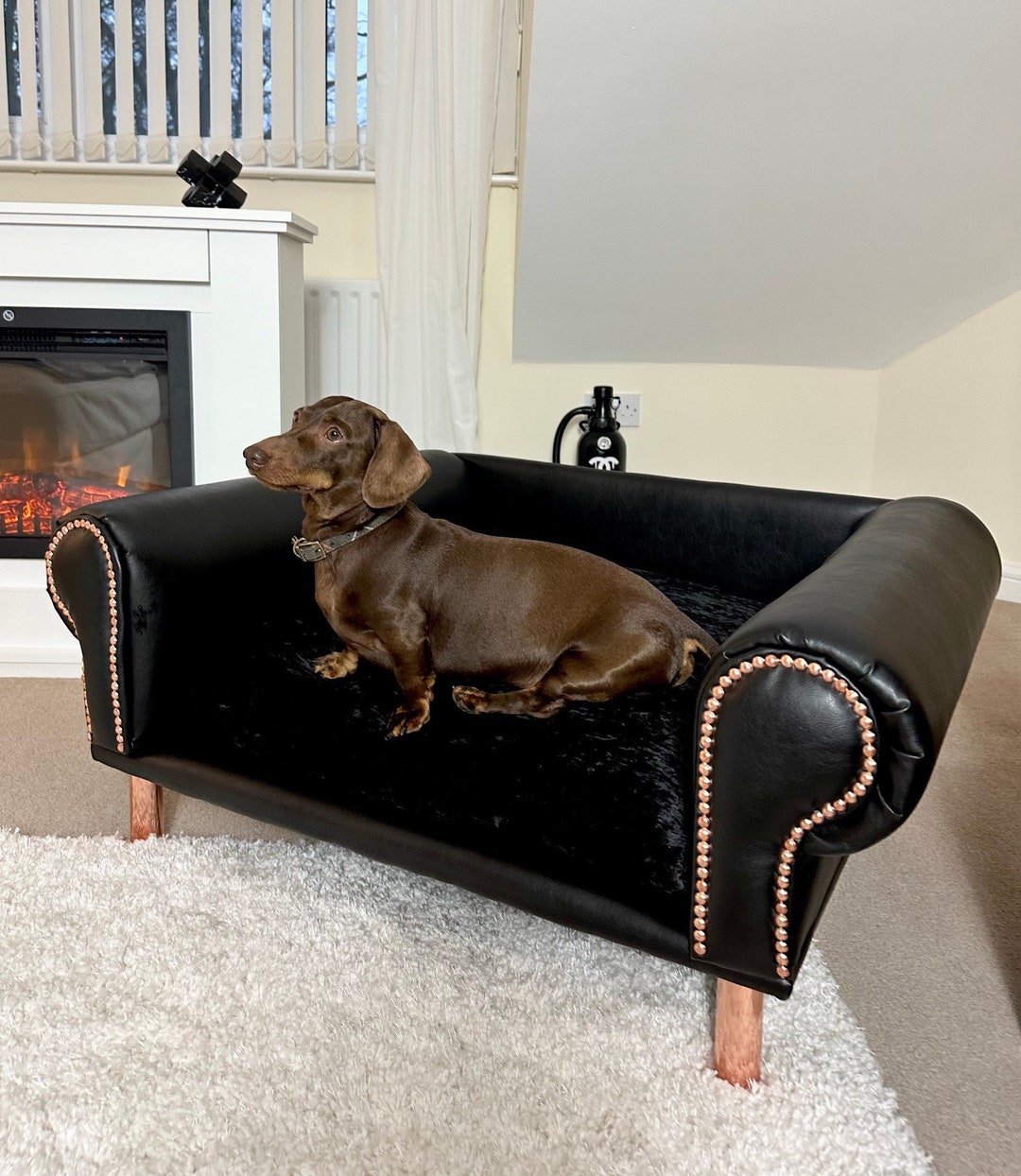 Luxury Black Faux Leather Dog Sofa Bed With Washable Crushed Velvet