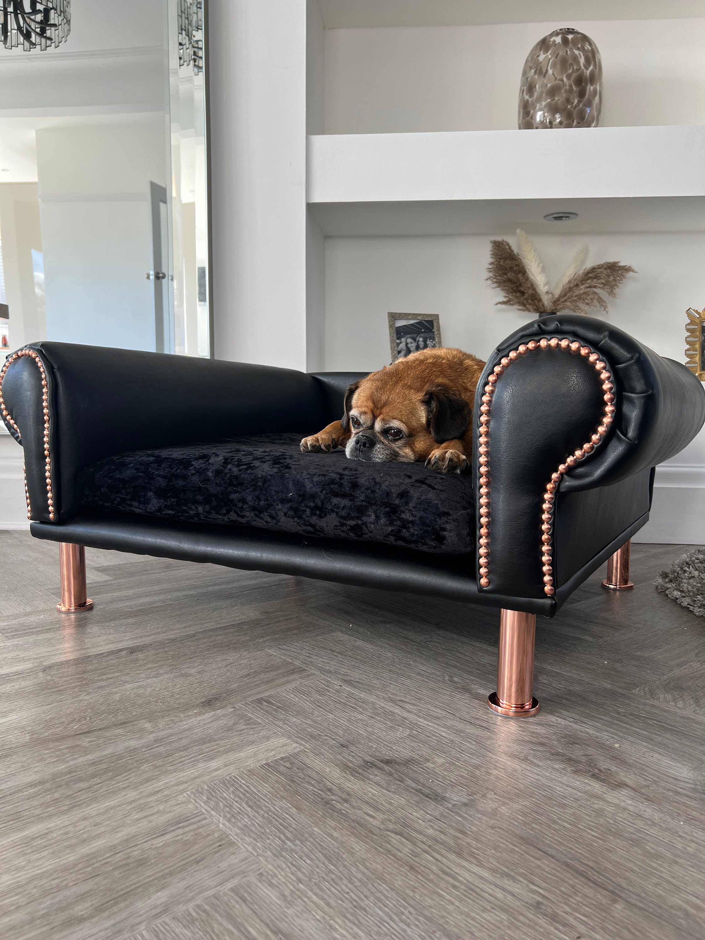 Luxury Black Faux Leather Dog Sofa Bed With Washable Crushed Velvet