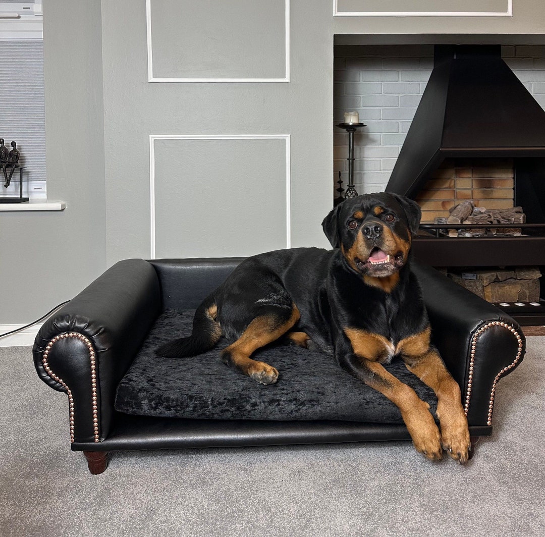 Large Bespoke Luxury Black Faux Leather Dog Sofa Bed With Washable Crushed Velvet Seat. Dog Bed