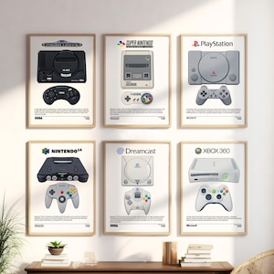 May include: A set of six framed wall art prints featuring illustrations of vintage video game consoles and controllers, including the Sega Mega Drive, Super Nintendo, PlayStation, Nintendo 64, Dreamcast, and Xbox 360, each with descriptive text.