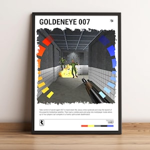 May include: A retro-style poster for the video game GoldenEye 007. The poster features a screenshot of the game, showing a player aiming a gun down a corridor. The poster also includes the game's title, release date, and a description of the game's features.