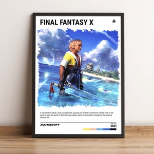 Può includere: Un poster per il videogioco Final Fantasy X, con un personaggio dai capelli biondi e una spada blu in piedi nell'acqua. Il poster ha uno schema di colori blu e bianco e il testo "Final Fantasy X" in nero.