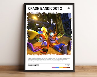 Crash Bandicoot 2 (1997) Poster - Video Game Wall Art Print - Gaming Gift - A5-A4-A3-A2-A1 Unframed Canvas Print for Frame or Hanger