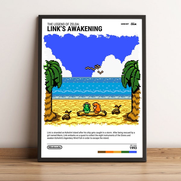 The Legend of Zelda : Link's Awakening (1993) Poster - Reproduction d'art de jeu vidéo - Cadeau de jeu - Impression sur toile A5-A4-A3-A2-A1 sans cadre pour cadre