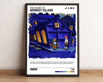 Puede incluir: Un póster enmarcado con arte de píxeles de The Secret of Monkey Island. La imagen muestra un edificio azul de noche con dos personajes fuera. El texto incluye el título, un resumen, Lucasfilm Games y la fecha de 1990.