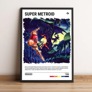 May include: A framed Super Metroid poster, showcasing Samus Aran in a dynamic pose against a dark, alien backdrop. The image is rich in colour, with the game title at the top. Includes the Nintendo logo and the year 1994.
