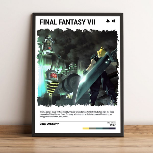 Final Fantasy VII (1997) Poster - Video Game Wall Art Print - Gaming Gift - A5-A4-A3-A2-A1 Unframed Canvas Print for Frame or Hanger