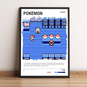 May include: A framed print featuring a pixelated scene from the Pokémon Game Boy game. The artwork showcases a blue and white landscape with characters and text that reads "POKÉMON" and "GAME BOY". The print includes a description of the game and the year 1996.