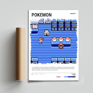 Pu&ograve; includere: Un poster con una scena pixelata del gioco Pok&eacute;mon per Game Boy. Il poster ha uno schema di colori blu e bianco, con la parola "POK&Eacute;MON" in alto. Il testo descrive la trama del gioco e la data 10 ottobre 1996.
