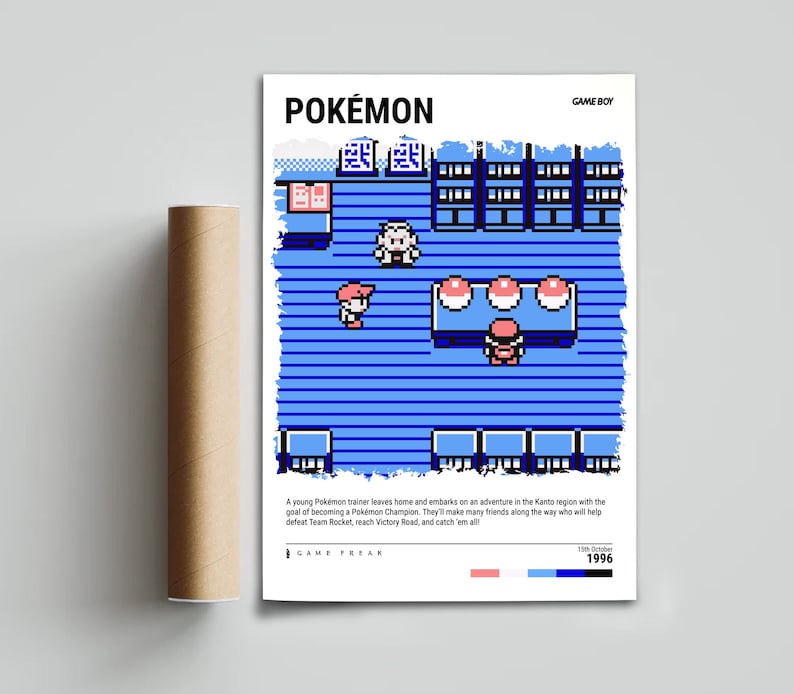 Pu&ograve; includere: Un poster con una scena pixelata del gioco Pok&eacute;mon per Game Boy. Il poster ha uno schema di colori blu e bianco, con la parola "POK&Eacute;MON" in alto. Il testo descrive la trama del gioco e la data 10 ottobre 1996.