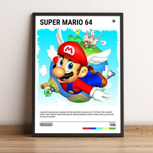 Può includere: Un poster retrò di un videogioco con Super Mario 64. Il poster mostra Mario che vola nell'aria con un cielo blu e un'isola verde sullo sfondo. Il testo "SUPER MARIO 64" è in cima al poster. Il testo "23rd June 1996" è in fondo al poster.