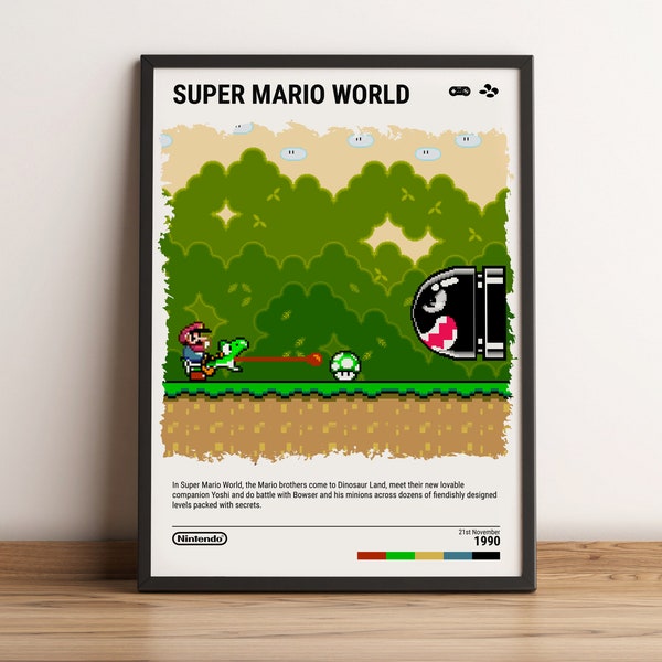 Super Mario World (1990) SNES Poster - Video Game Art Print - Gaming Gift - A5-A4-A3-A2-A1 Unframed Canvas Print for Frame or Hanger