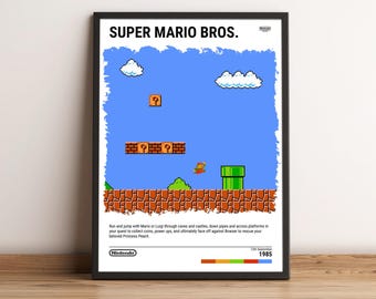 Super Mario Bros. (1985) NES Poster - Video Game Art Print - Retro Gaming Gift - A5-A4-A3-A2-A1 Unframed Canvas Print for Frame or Hanger