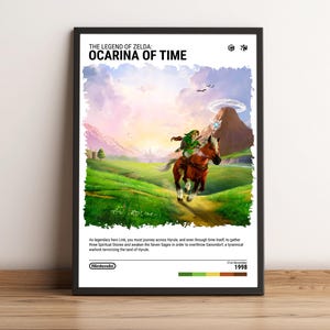May include: A poster for the Nintendo 64 game The Legend of Zelda: Ocarina of Time. The poster features a green landscape with a character riding a horse. The text on the poster reads "The Legend of Zelda: Ocarina of Time" and "Nintendo 1998".