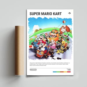 May include: A colorful illustration of characters from the Super Mario Kart video game racing on a track. The characters include Mario, Luigi, Donkey Kong Jr., Toad, and Bowser. The text "SUPER MARIO KART" is at the top of the image. The text "27th Aug 1992" is at the bottom of the image.