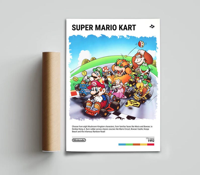 May include: A colorful illustration of characters from the Super Mario Kart video game racing on a track. The characters include Mario, Luigi, Donkey Kong Jr., Toad, and Bowser. The text "SUPER MARIO KART" is at the top of the image. The text "27th Aug 1992" is at the bottom of the image.