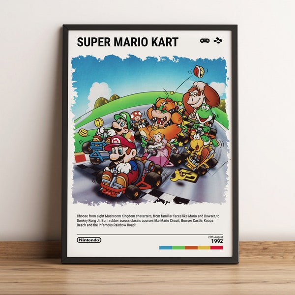 Super Mario Kart (1992) SNES Poster - Video Game Art Print - Gaming Gift - A5-A4-A3-A2-A1 Unframed Canvas Print for Frame or Hanger