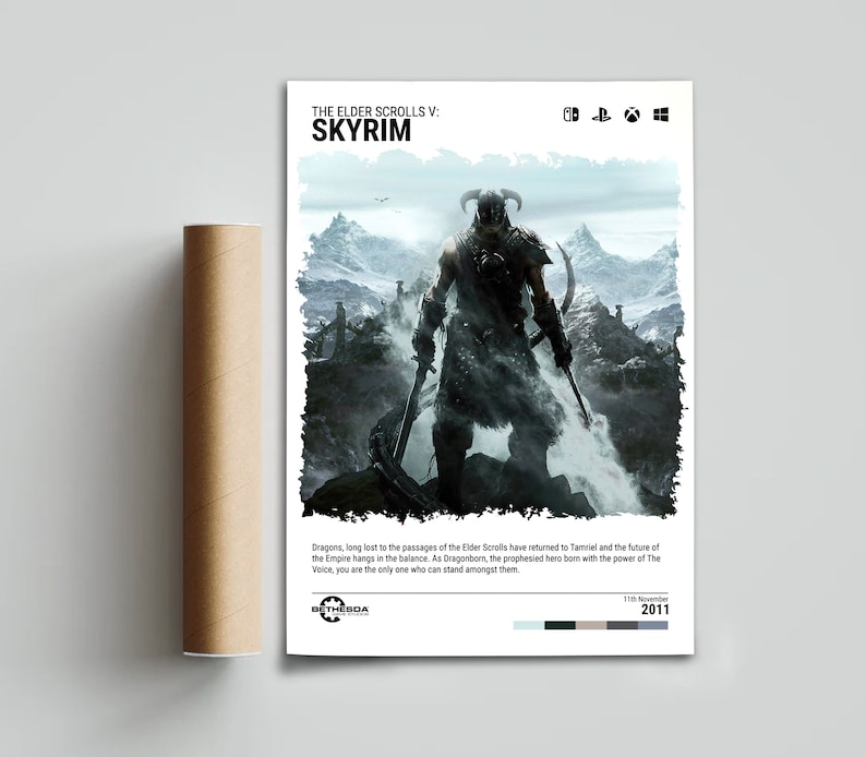 Puede incluir: Un p&oacute;ster de videojuego para The Elder Scrolls V: Skyrim. El p&oacute;ster presenta un personaje dragonborn de pie en la cima de una monta&ntilde;a con una espada en cada mano. El texto "The Elder Scrolls V: Skyrim" est&aacute; en la parte superior del p&oacute;ster, y el texto "Dragons, long lost to the passages of the Elder Scrolls have returned to Tamriel and the future of the Empire hangs in the balance. As Dragonborn, the prophesied hero born with the power of The Voice, you are the only one who can stand amongst them." est&aacute; en la parte inferior del p&oacute;ster.