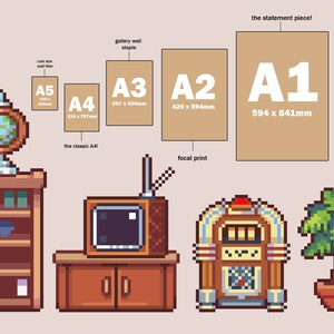 Puede incluir: Una ilustraci&oacute;n digital de un interior de sala de estar con un globo terr&aacute;queo, una estanter&iacute;a, un televisor, una m&aacute;quina de discos y una planta en maceta. La ilustraci&oacute;n incluye etiquetas de texto para diferentes tama&ntilde;os de papel, incluyendo A1, A2, A3, A4 y A5, con sus dimensiones correspondientes en mil&iacute;metros.