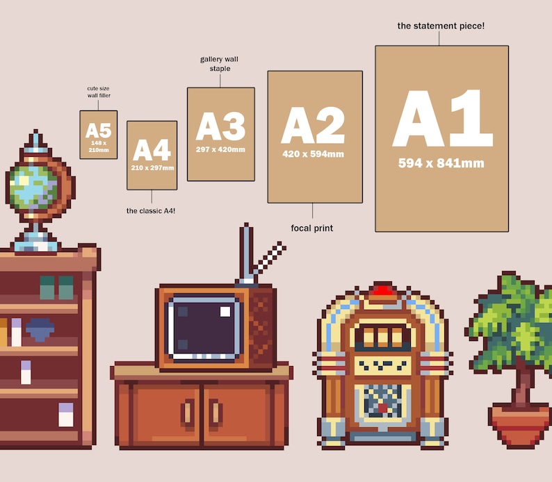 Puede incluir: Una ilustraci&oacute;n digital de un interior de sala de estar con un globo terr&aacute;queo, una estanter&iacute;a, un televisor, una m&aacute;quina de discos y una planta en maceta. La ilustraci&oacute;n incluye etiquetas de texto para diferentes tama&ntilde;os de papel, incluyendo A1, A2, A3, A4 y A5, con sus dimensiones correspondientes en mil&iacute;metros.