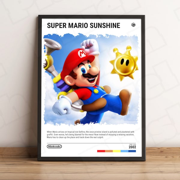 Super Mario Sunshine (2002) Gamecube Poster - Video Game Art Print - Gaming Gift - A5-A4-A3-A2-A1 Unframed Canvas Print for Frame or Hanger