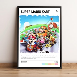 May include: A retro-style poster for the Super Mario Kart video game. The poster features a colorful illustration of Mario, Luigi, Donkey Kong Jr., and other characters racing on a track. The text on the poster reads "Super Mario Kart" and "1992".