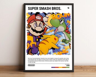 Póster de Super Smash Bros. (1999) para N64 - Impresión artística de videojuegos - Regalo para videojuegos - Lienzo sin marco (tamaño A5-A4-A3-A2-A1) para colgar o enmarcar