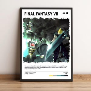 May include: A black and white poster featuring the title "FINAL FANTASY VII" and a video game character wielding a sword in front of a futuristic city. The poster includes the text "The mercenary Cloud Strife is hired by the eco-terrorist group AVALANCHE to help fight the mega-corporation Shinra Electric Power Company, who attempts to drain the planet's lifeblood as an energy source to further their profits." The poster also includes the text "SQUARESOFT" and "1997".