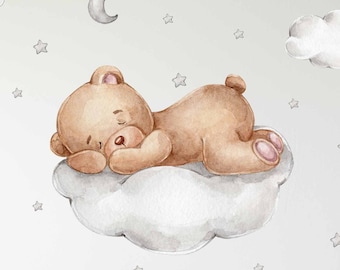 Sticker mural pépinière ours sur le nuage sticker mural autocollant chambre bébé ours en peluche V267