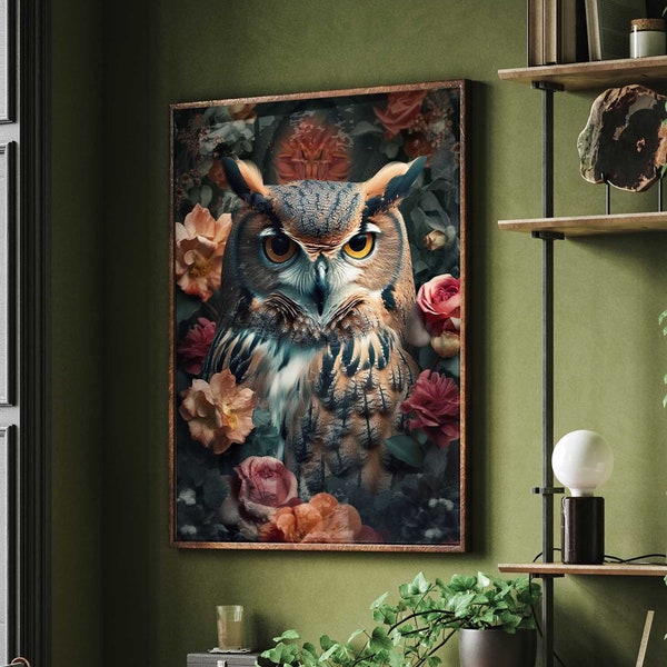 Eule Portrait mit Blumen - Owl Poster Premium AP3013 - Animal Art - Wandbild Wandbilder