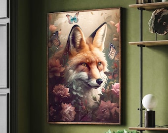 Fuchs Portrait mit Blumen - Fox Poster Premium AP3006 - Animal Art - Wandbild Wandbilder