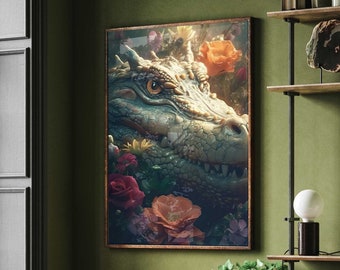 Krokodil Portrait mit Blumen - Crocodile Poster Premium AP3008 - Animal Art - Wandbild Wandbilder