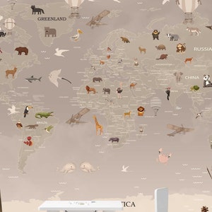 Mapa świata zwierząt: naklejki na ścianę ze zwierzętami - fototapeta dla dzieci do pokoju dziecięcego - dekoracyjna mapa świata z motywami ziemi i zwierząt - TP114