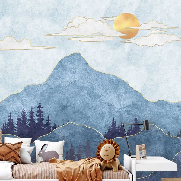Künstlerischer Bergzauber: Fototapete für das Kinderzimmer mit einer malerischen Darstellung von Bergen und Tannen - TP155