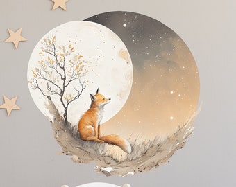 Sticker mural chambre d'enfant renard regarde la lune sticker mural autocollant chambre bébé rond V411